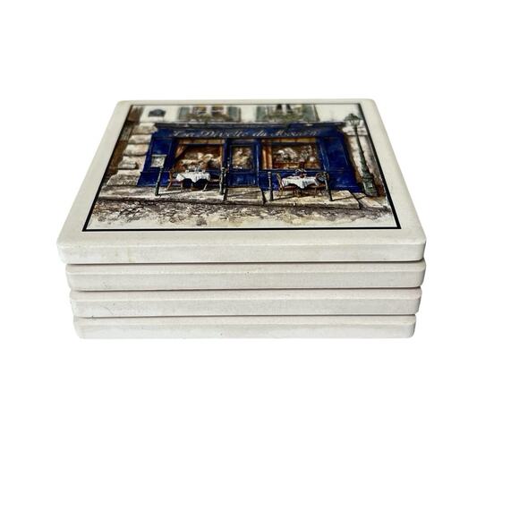 Ceramic Coasters Set Of 4 La Divette Du Moulin Cork Back Tray Paris Cafe - Picture 7 of 12
